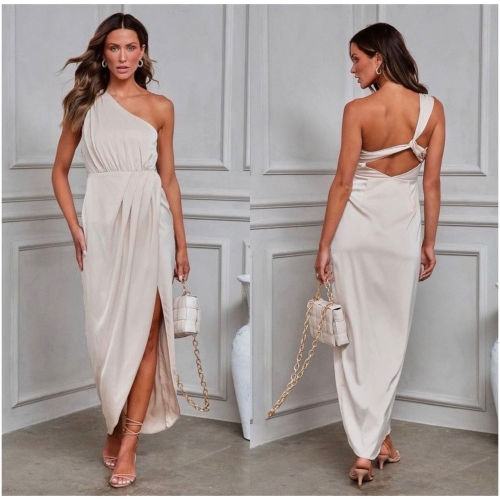 Vici Olia One Shoulder Maxi Dress Womens Small Champagne Beige Draped Party NWT